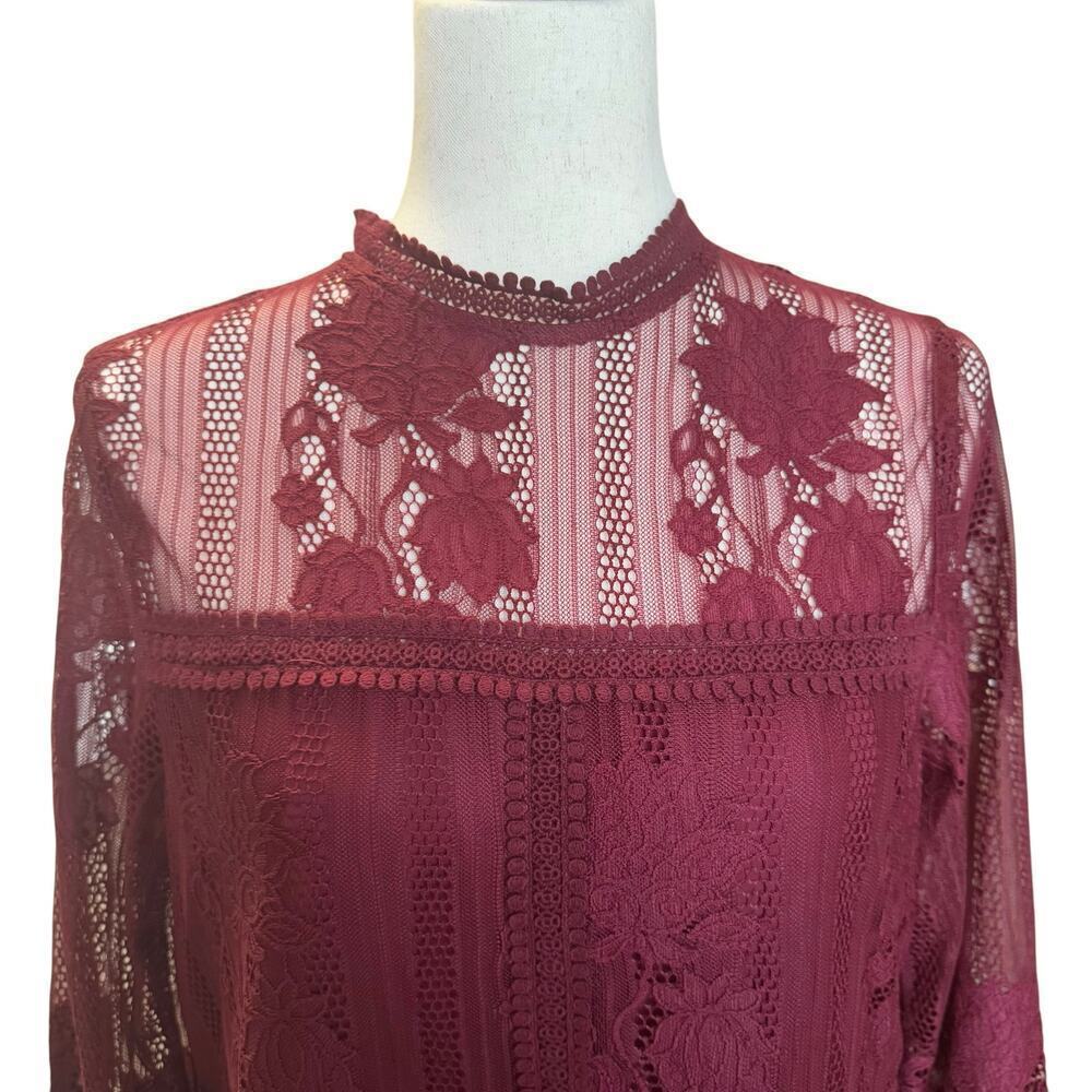 NWT Miss Cheivous Burgundy Boho Lace Layered 3/4 Sleeve Blouse, Women’s L - Picture 2 of 9